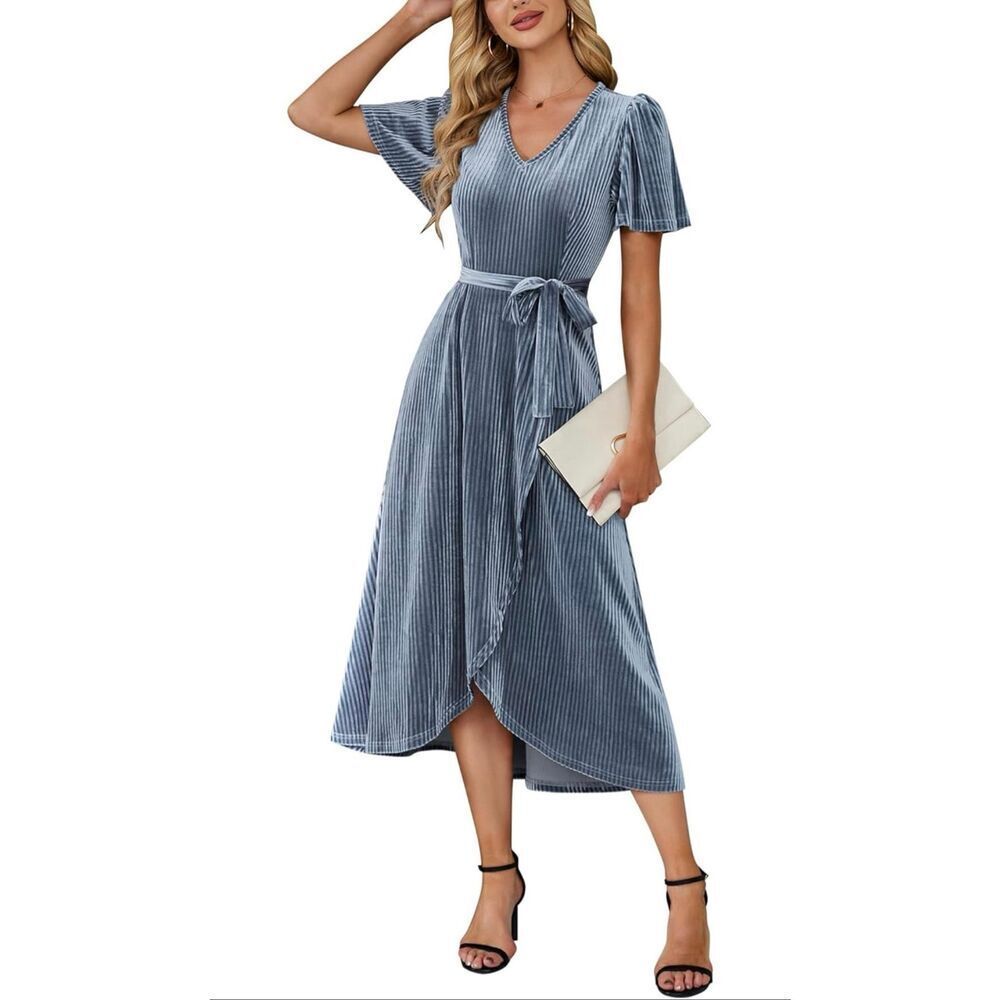 Velvet light blue XL V Neck short Sleeve Dress Wedding Guest Midi